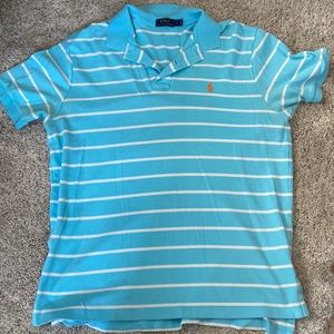 Polo Ralph Lauren. Size L. Light blue/white. Very small hole at back of neck